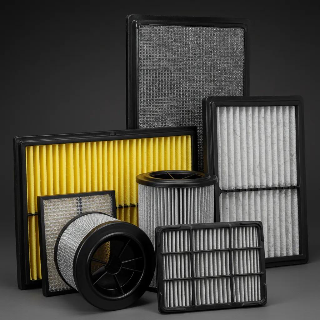 A display of various HVAC air filters, illustrating different MERV ratings and their intended uses