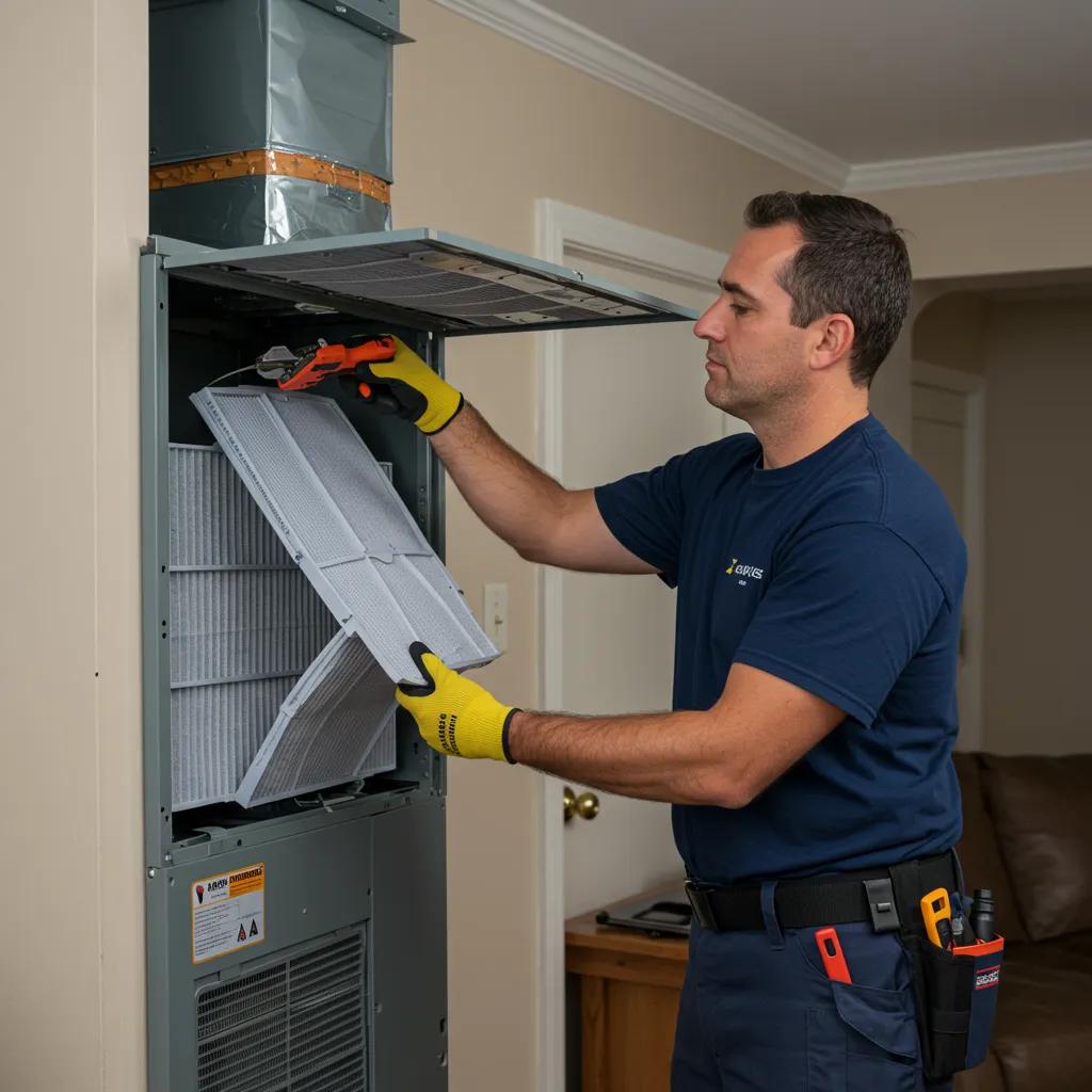 An HVAC technician replacing an air filter in a home setting