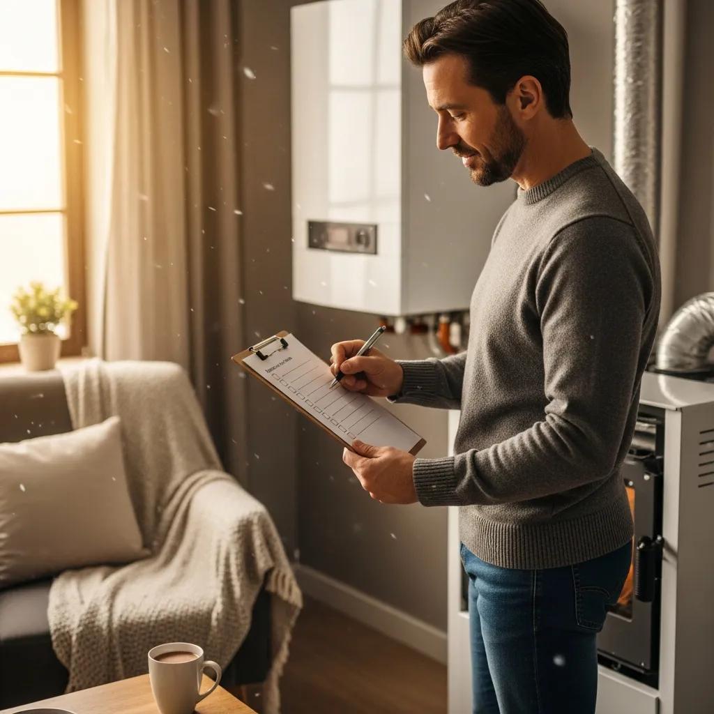 Preparing Your Heating System for Winter 2 Homeowner checking a heating system as part of winter preparation