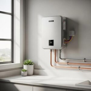 Modern tankless water heater in a stylish home setting