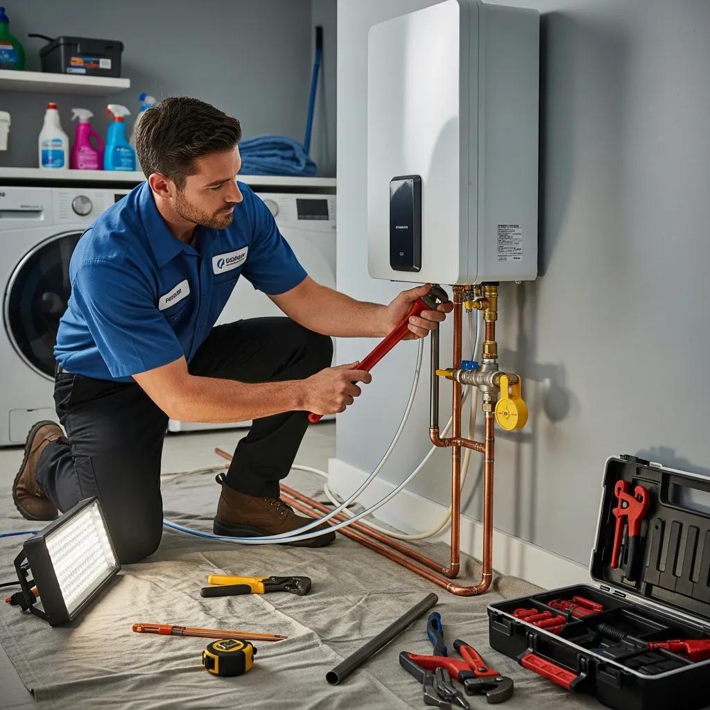 Technician installing a tankless water heater in a residential setting