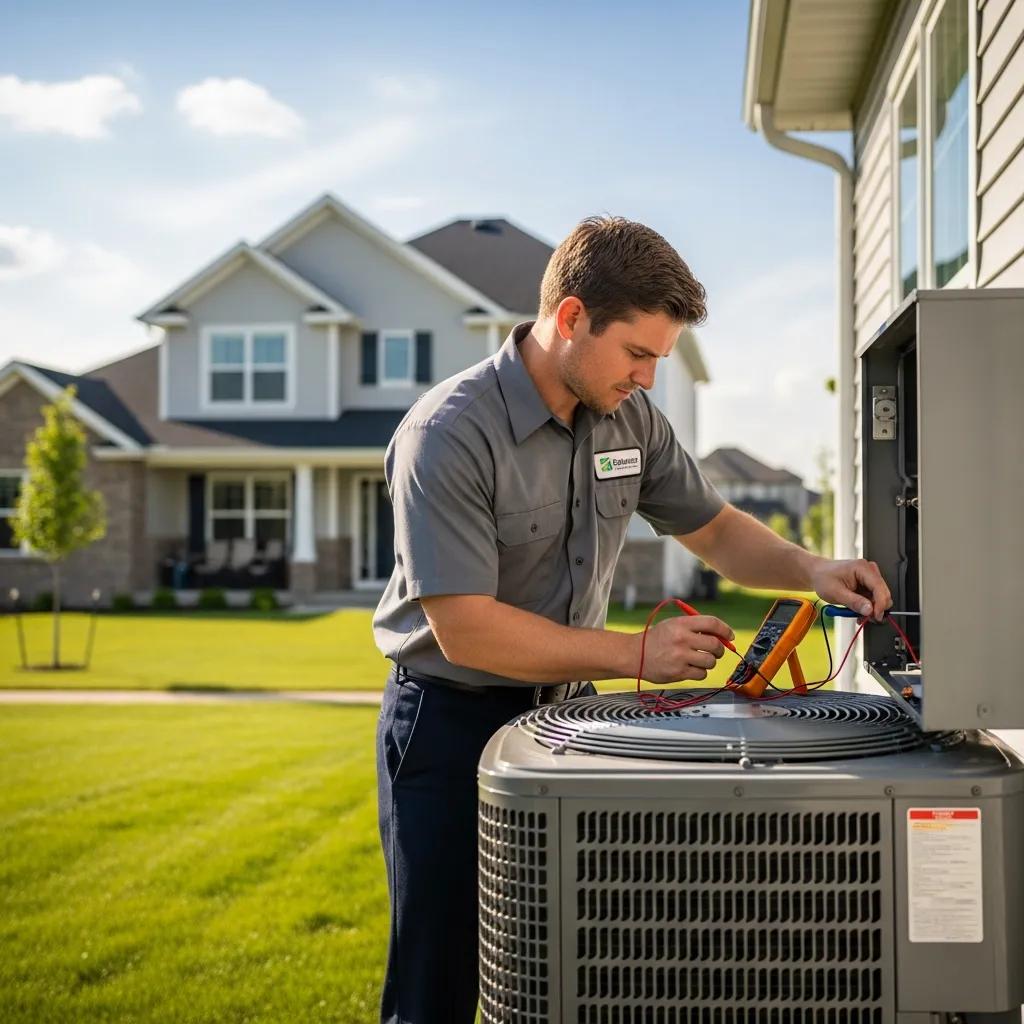Technician performing AC maintenance in a residential setting