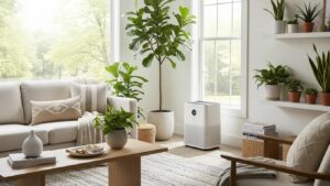 Modern living room with a whole-home air purifier, emphasizing clean air and health