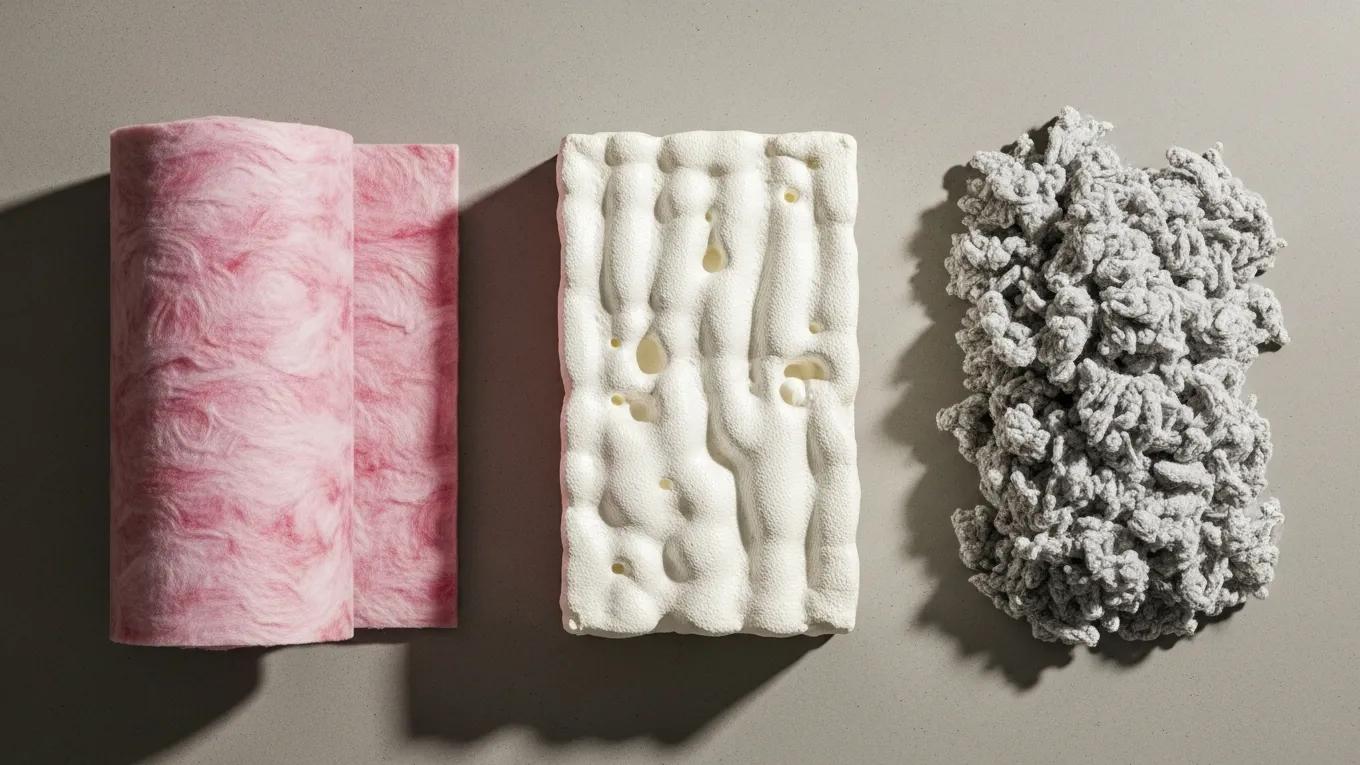 Home Insulation Tips: Maximize Efficiency & Reduce Heat Loss 2 Showcase of insulation materials including fiberglass, spray foam, and cellulose, emphasizing their unique properties
