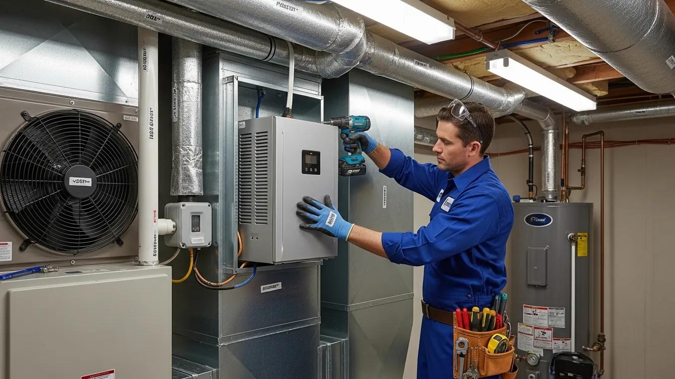 Whole-Home Air Purifiers: Benefits & Installation 2 Technician installing a whole-home air purifier in an HVAC system, showcasing professional installation