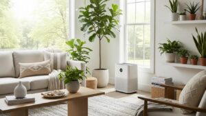 Modern living room with a whole-home air purifier, emphasizing clean air and health