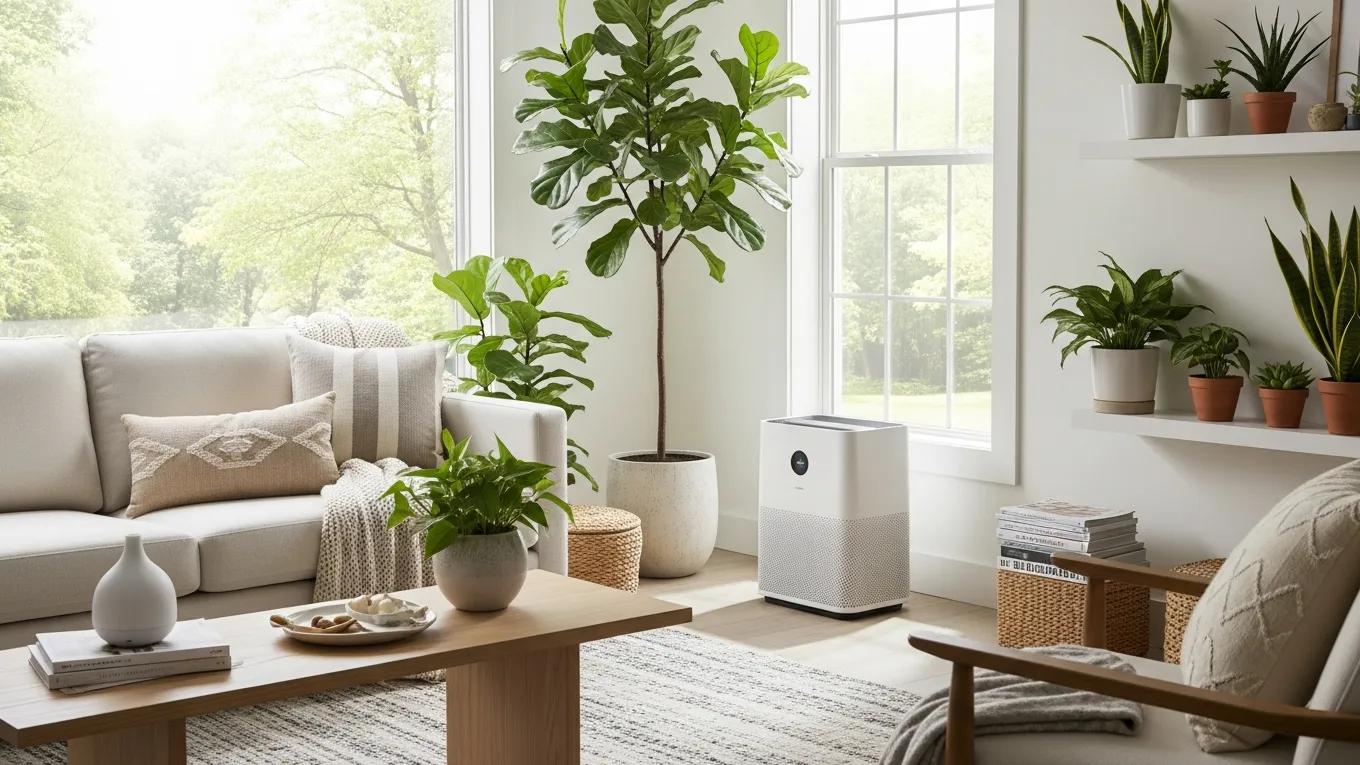 HVAC Blog 4 Modern living room with a whole-home air purifier, emphasizing clean air and health